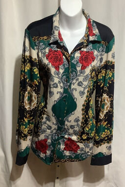 Haute Project Los Angeles Womens Large Blouse Baroque Rose Chain Print Shirt Top